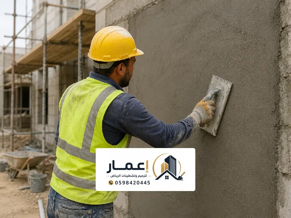 معلم لياسة في الرياض يقوم بتنعيم الجدران باستخدام أدوات احترافية داخل موقع بناء